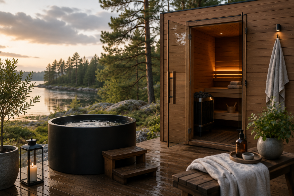 Outdoor cold plunge beside a home sauna overlooking a lake