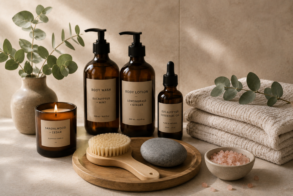 Wellness essentials with towels, eucalyptus, body care, candle, and spa accessories.