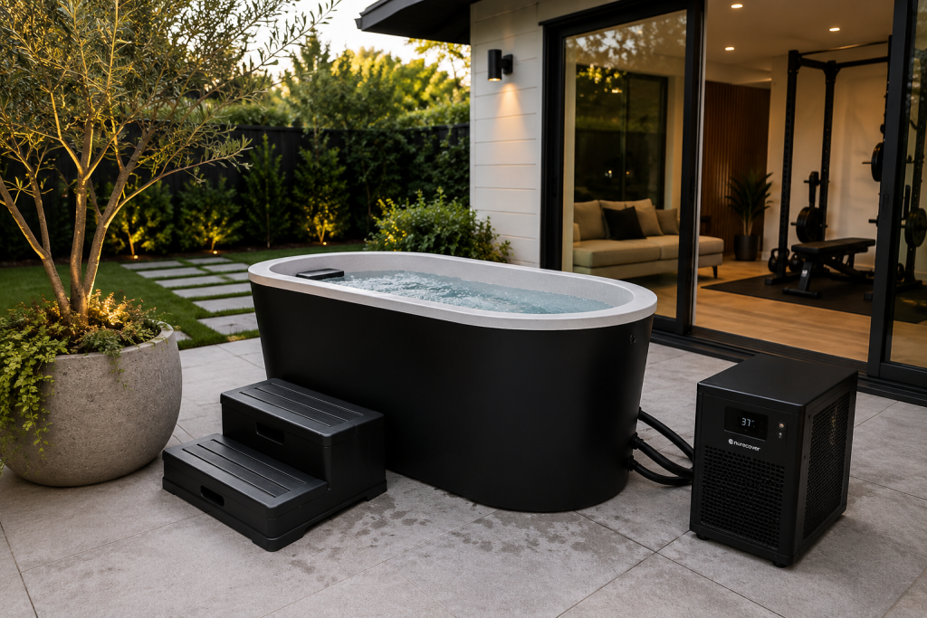Outdoor cold plunge in a landscaped home wellness setting