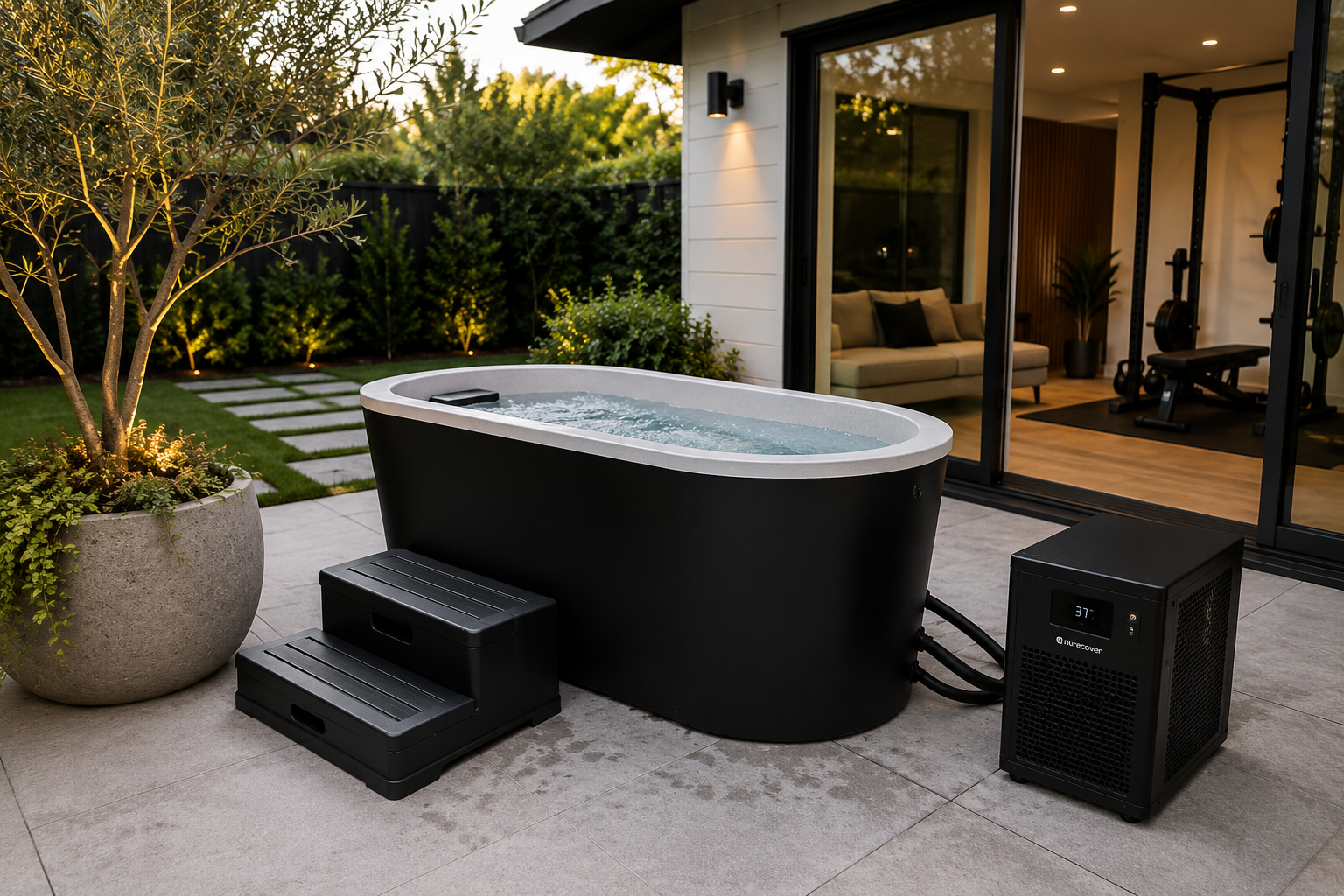 Outdoor cold plunge beside a modern home wellness space