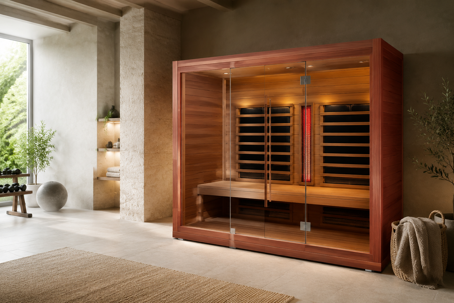 Two-person red cedar infrared sauna in an organic-modern home wellness room