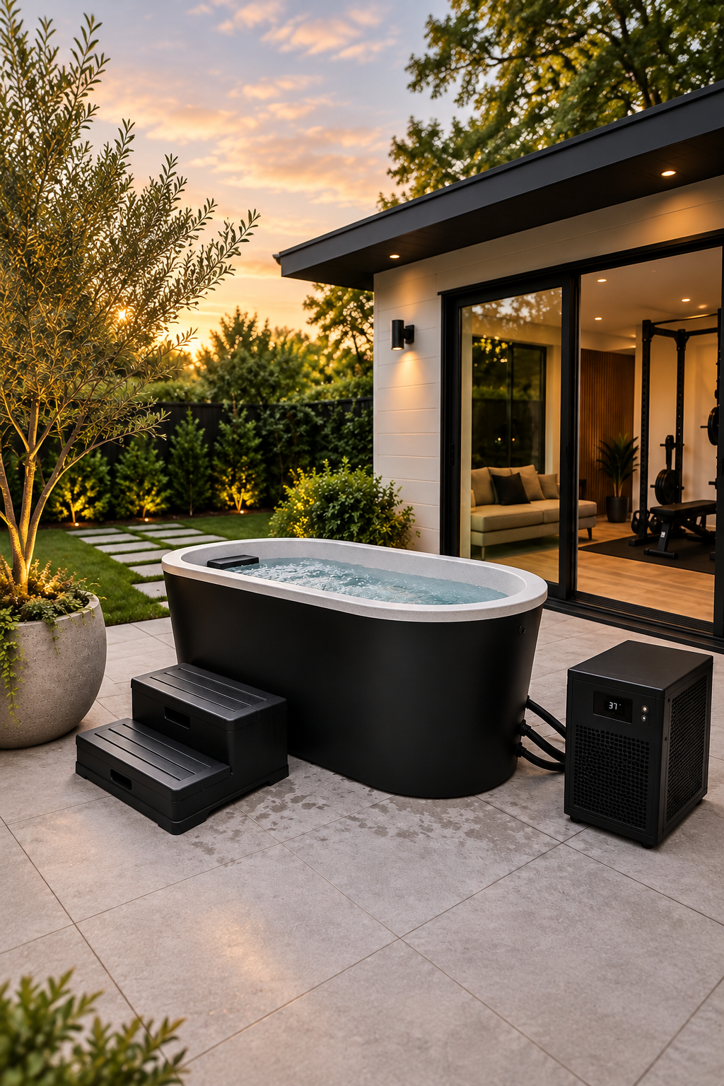 Modern outdoor cold plunge in a landscaped home wellness setting