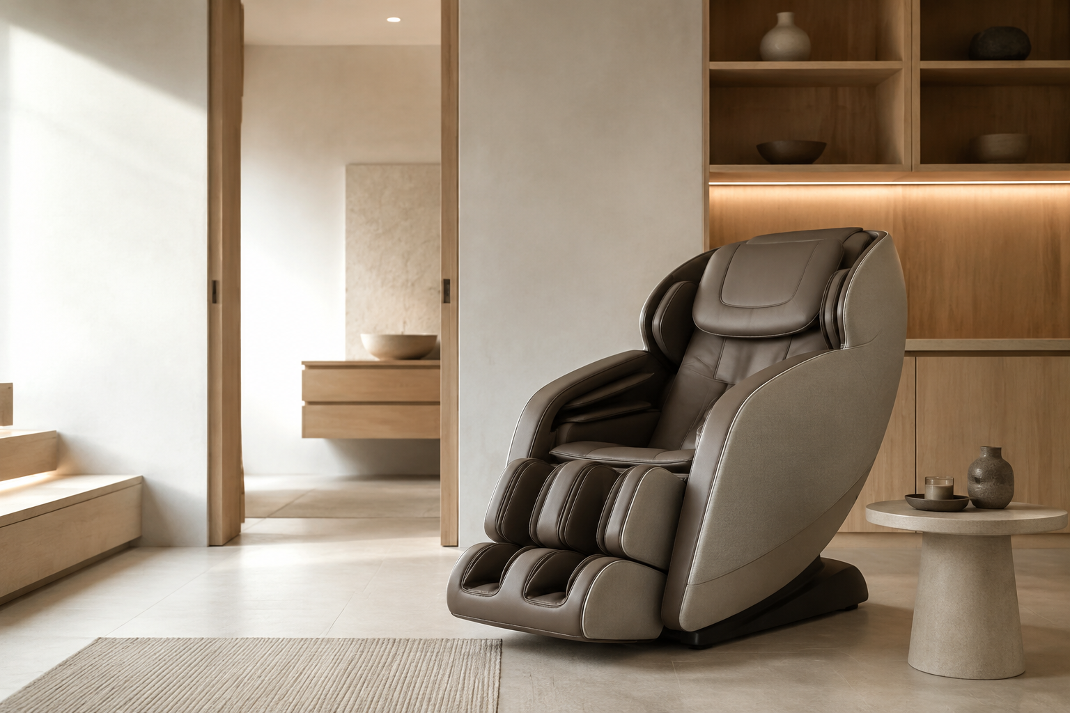 Modern massage chair in an organic-modern home wellness room