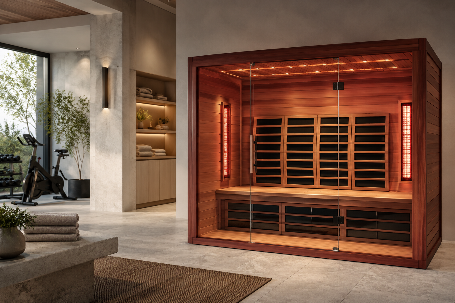 Spacious three-person red cedar infrared sauna in a modern home wellness room