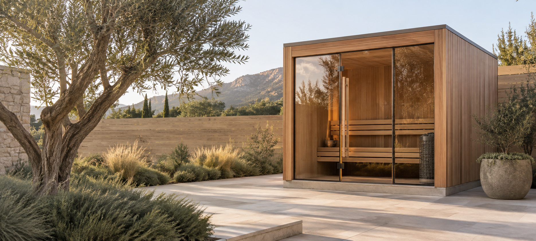 Outdoor cedar-and-glass sauna in a landscaped stone garden courtyard