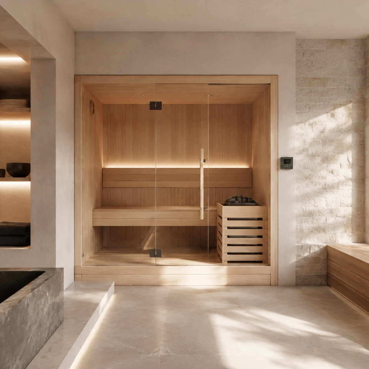 Built-in home sauna in a stone bathroom and wellness suite